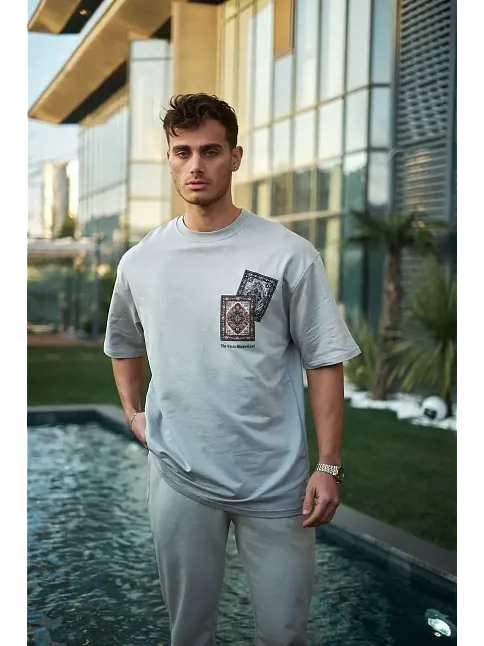 Erkek Kısa Kol Yazlık Tişört Bisiklet Yaka Baskılı Oversize T-shirt - Boyalı Gri