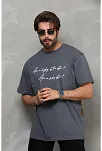 Erkek Kısa Kol Yazlık Tişört Bisiklet Yaka Baskılı Oversize T-shirt - Füme