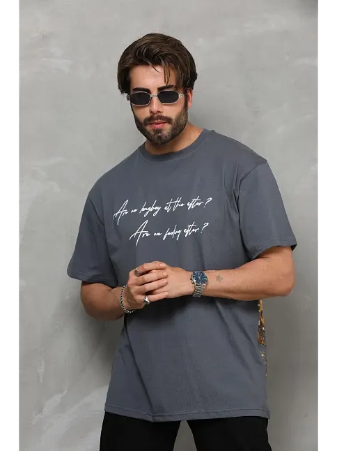 Erkek Kısa Kol Yazlık Tişört Bisiklet Yaka Baskılı Oversize T-shirt - Füme