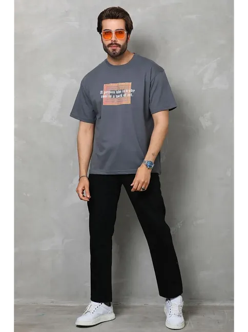Erkek Baskılı T-shirt Kısa Kol Bisiklet Yaka Regular Fit Rahat Kalıp Tişört -  Füme