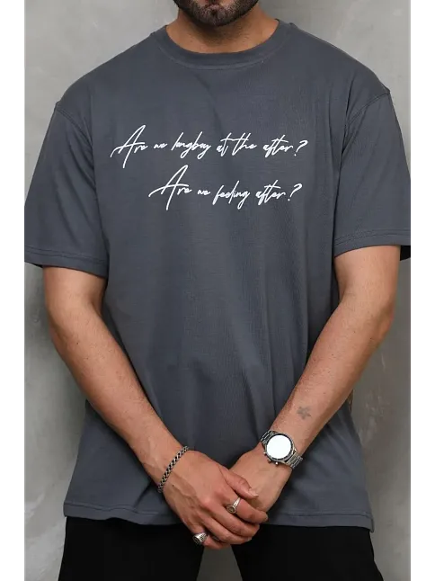 Erkek Kısa Kol Yazlık Tişört Bisiklet Yaka Baskılı Oversize T-shirt - Füme
