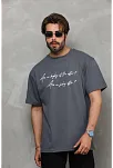 Erkek Kısa Kol Yazlık Tişört Bisiklet Yaka Baskılı Oversize T-shirt - Füme