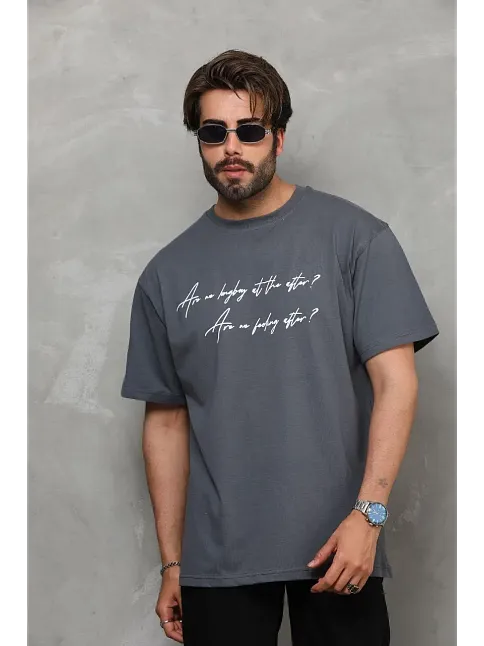 Erkek Kısa Kol Yazlık Tişört Bisiklet Yaka Baskılı Oversize T-shirt - Füme