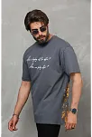 Erkek Kısa Kol Yazlık Tişört Bisiklet Yaka Baskılı Oversize T-shirt - Füme
