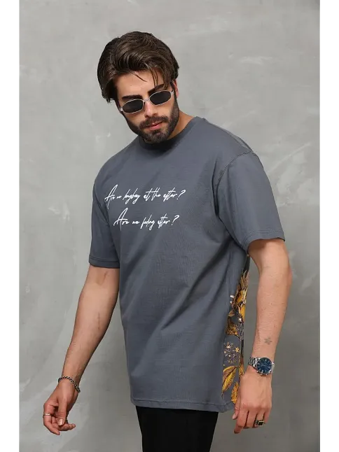 Erkek Kısa Kol Yazlık Tişört Bisiklet Yaka Baskılı Oversize T-shirt - Füme