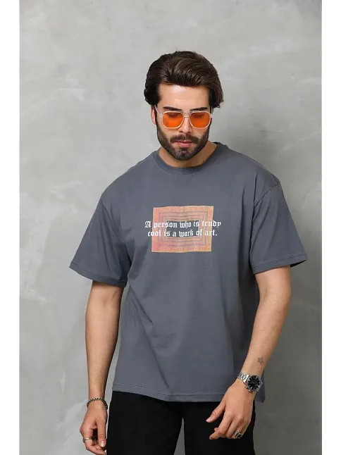Erkek Baskılı T-shirt Kısa Kol Bisiklet Yaka Regular Fit Rahat Kalıp Tişört -  Füme