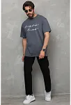 Erkek Kısa Kol Yazlık Tişört Bisiklet Yaka Baskılı Oversize T-shirt - Füme
