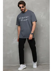 Erkek Kısa Kol Yazlık Tişört Bisiklet Yaka Baskılı Oversize T-shirt - Füme