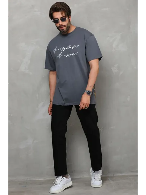 Erkek Kısa Kol Yazlık Tişört Bisiklet Yaka Baskılı Oversize T-shirt - Füme