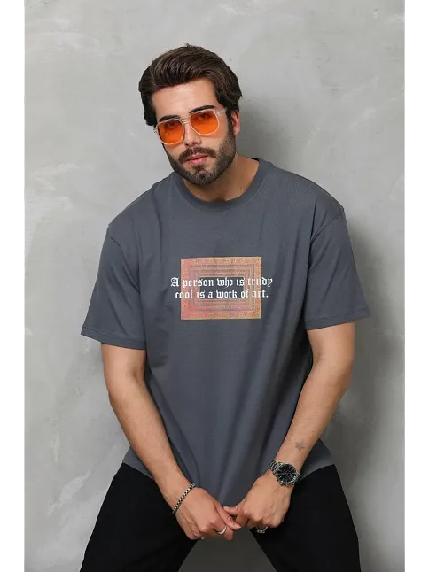 Erkek Baskılı T-shirt Kısa Kol Bisiklet Yaka Regular Fit Rahat Kalıp Tişört -  Füme