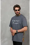 Erkek Kısa Kol Yazlık Tişört Bisiklet Yaka Baskılı Oversize T-shirt - Füme