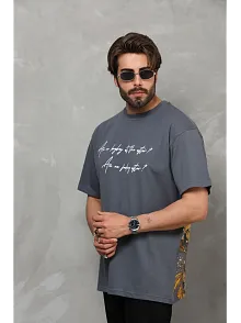 Erkek Kısa Kol Yazlık Tişört Bisiklet Yaka Baskılı Oversize T-shirt - Füme