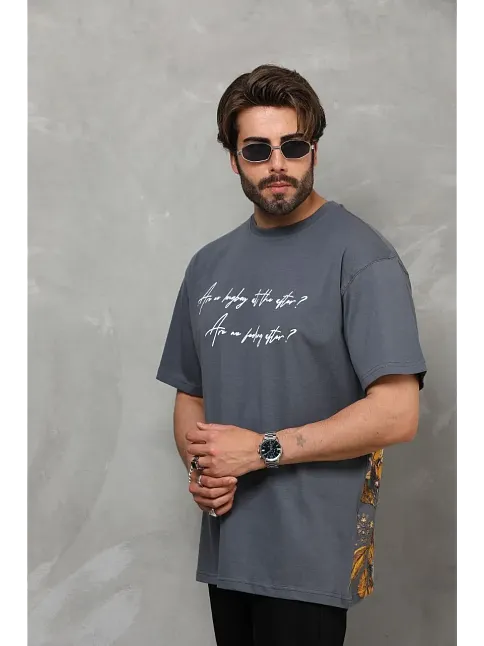Erkek Kısa Kol Yazlık Tişört Bisiklet Yaka Baskılı Oversize T-shirt - Füme
