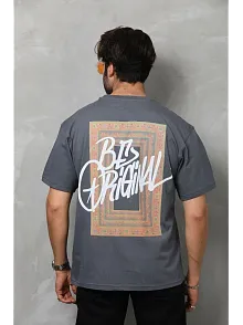Erkek Baskılı T-shirt Kısa Kol Bisiklet Yaka Regular Fit Rahat Kalıp Tişört -  Füme