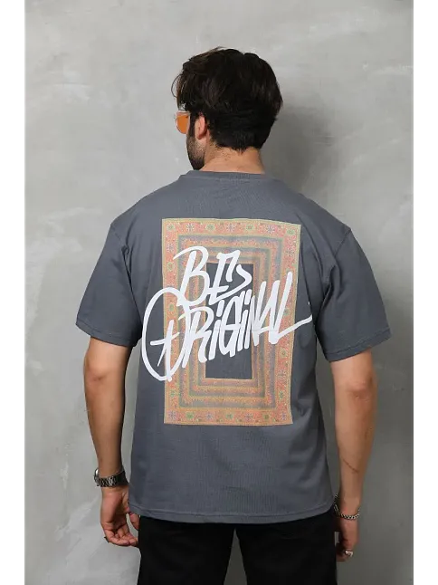 Erkek Baskılı T-shirt Kısa Kol Bisiklet Yaka Regular Fit Rahat Kalıp Tişört -  Füme