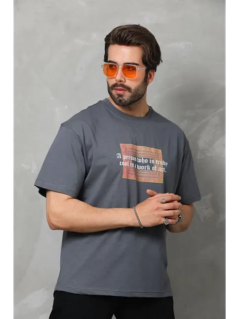 Erkek Baskılı T-shirt Kısa Kol Bisiklet Yaka Regular Fit Rahat Kalıp Tişört -  Füme