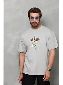 Erkek Baskılı T-shirt Kısa Kol Bisiklet Yaka Regular Fit Rahat Kalıp Tişört -  Gri