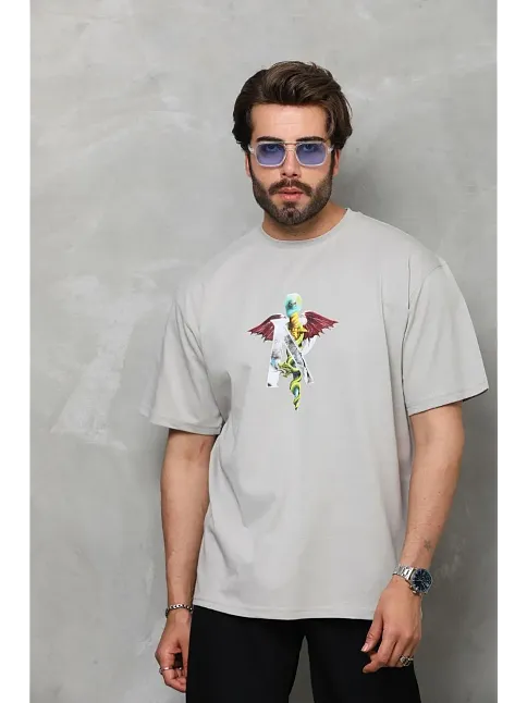 Erkek Baskılı T-shirt Kısa Kol Bisiklet Yaka Regular Fit Rahat Kalıp Tişört -  Gri