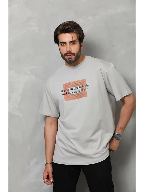 Erkek Baskılı T-shirt Kısa Kol Bisiklet Yaka Regular Fit Rahat Kalıp Tişört -  Gri