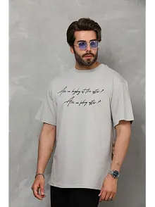 Erkek Kısa Kol Yazlık Tişört Bisiklet Yaka Baskılı Oversize T-shirt - Gri