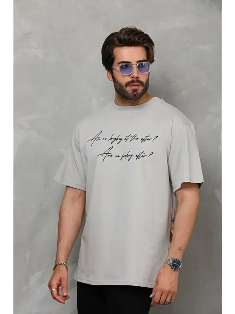 Erkek Kısa Kol Yazlık Tişört Bisiklet Yaka Baskılı Oversize T-shirt - Gri