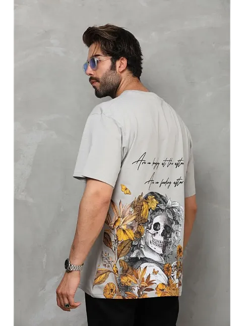Erkek Kısa Kol Yazlık Tişört Bisiklet Yaka Baskılı Oversize T-shirt - Gri