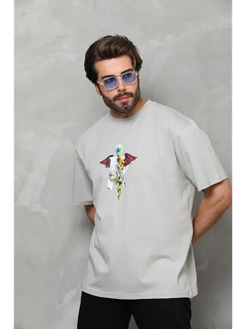 Erkek Baskılı T-shirt Kısa Kol Bisiklet Yaka Regular Fit Rahat Kalıp Tişört -  Gri
