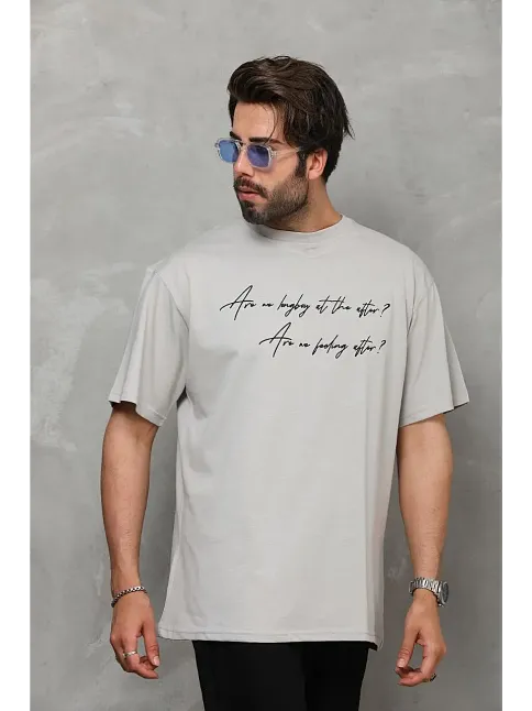 Erkek Kısa Kol Yazlık Tişört Bisiklet Yaka Baskılı Oversize T-shirt - Gri