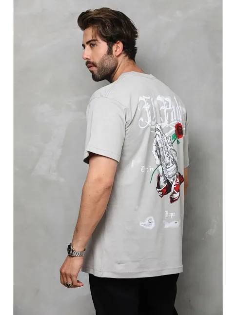 Erkek Kısa Kol Yazlık Tişört Bisiklet Yaka Baskılı Oversize T-shirt - Gri
