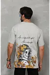 Erkek Kısa Kol Yazlık Tişört Bisiklet Yaka Baskılı Oversize T-shirt - Gri