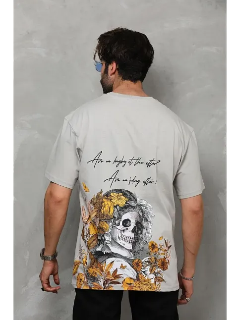 Erkek Kısa Kol Yazlık Tişört Bisiklet Yaka Baskılı Oversize T-shirt - Gri