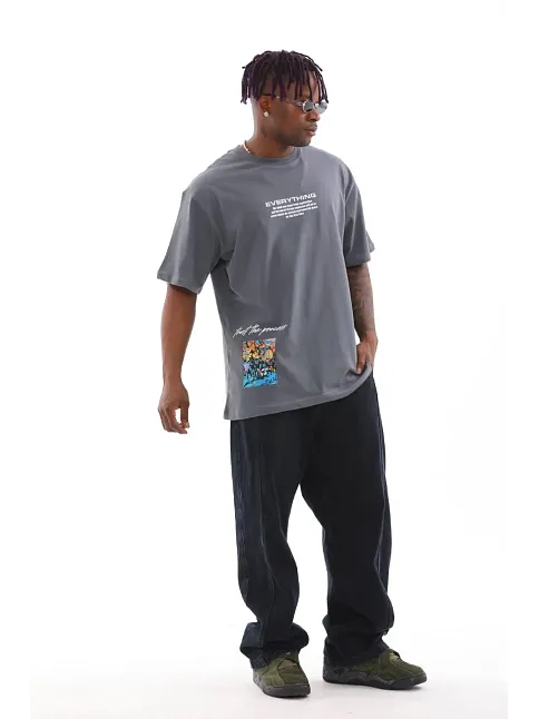 Erkek Tişort  Bisiklet Yaka Baskılı Oversize T-shirt - Gri