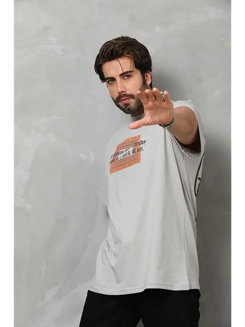 Erkek Baskılı T-shirt Kısa Kol Bisiklet Yaka Regular Fit Rahat Kalıp Tişört -  Gri