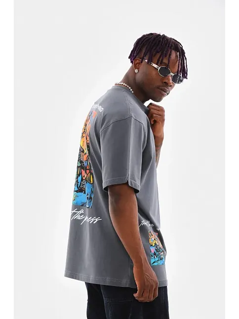 Erkek Tişort  Bisiklet Yaka Baskılı Oversize T-shirt - Gri