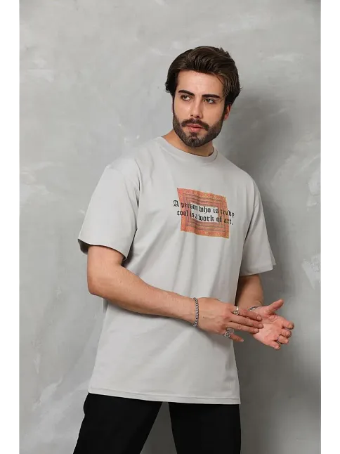Erkek Baskılı T-shirt Kısa Kol Bisiklet Yaka Regular Fit Rahat Kalıp Tişört -  Gri