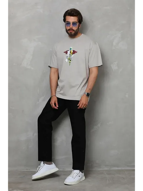 Erkek Baskılı T-shirt Kısa Kol Bisiklet Yaka Regular Fit Rahat Kalıp Tişört -  Gri