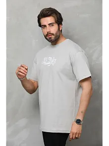 Erkek Kısa Kol Yazlık Tişört Bisiklet Yaka Baskılı Oversize T-shirt - Gri