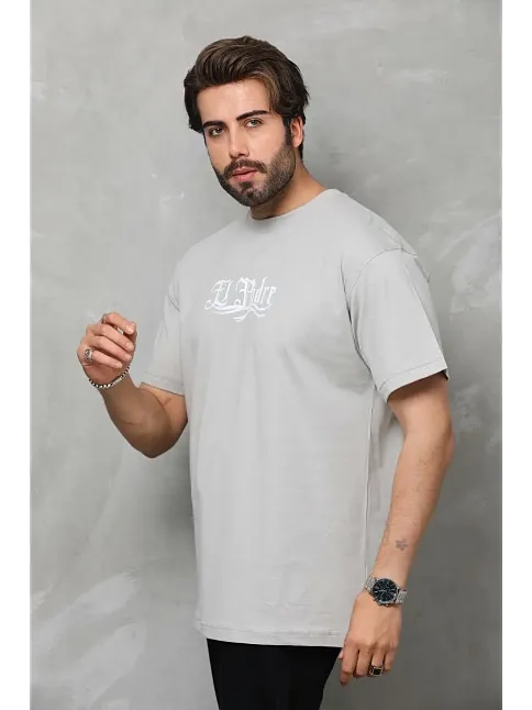 Erkek Kısa Kol Yazlık Tişört Bisiklet Yaka Baskılı Oversize T-shirt - Gri
