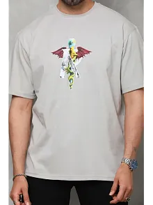 Erkek Baskılı T-shirt Kısa Kol Bisiklet Yaka Regular Fit Rahat Kalıp Tişört -  Gri