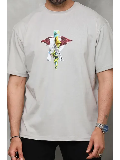 Erkek Baskılı T-shirt Kısa Kol Bisiklet Yaka Regular Fit Rahat Kalıp Tişört -  Gri