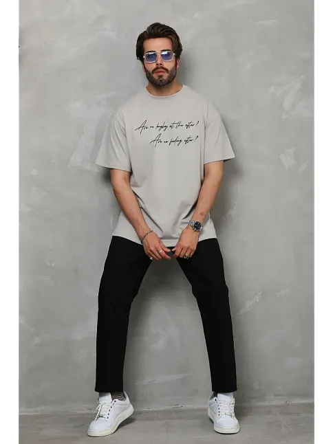 Erkek Kısa Kol Yazlık Tişört Bisiklet Yaka Baskılı Oversize T-shirt - Gri