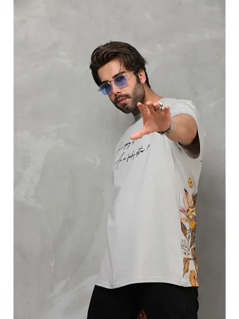Erkek Kısa Kol Yazlık Tişört Bisiklet Yaka Baskılı Oversize T-shirt - Gri