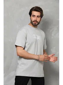 Erkek Kısa Kol Yazlık Tişört Bisiklet Yaka Baskılı Oversize T-shirt - Gri