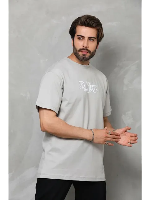 Erkek Kısa Kol Yazlık Tişört Bisiklet Yaka Baskılı Oversize T-shirt - Gri