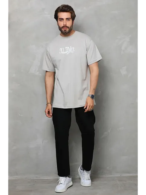 Erkek Kısa Kol Yazlık Tişört Bisiklet Yaka Baskılı Oversize T-shirt - Gri