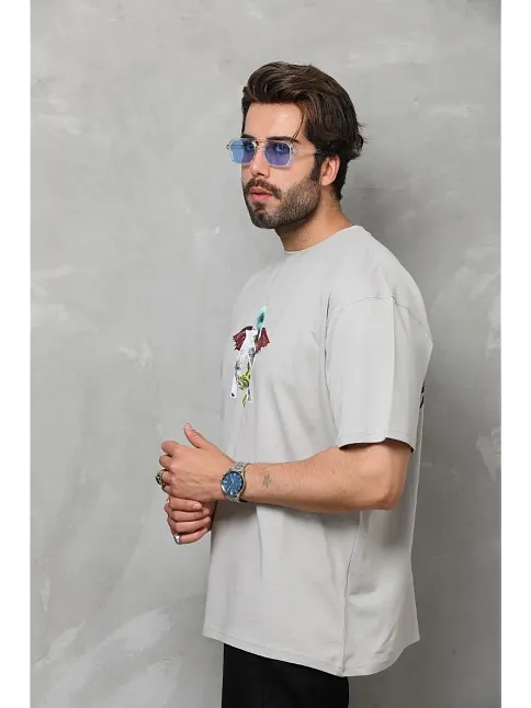 Erkek Baskılı T-shirt Kısa Kol Bisiklet Yaka Regular Fit Rahat Kalıp Tişört -  Gri