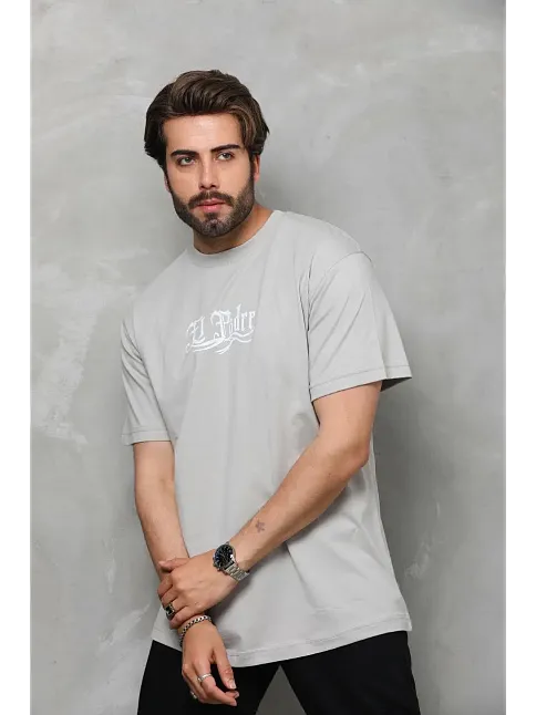 Erkek Kısa Kol Yazlık Tişört Bisiklet Yaka Baskılı Oversize T-shirt - Gri