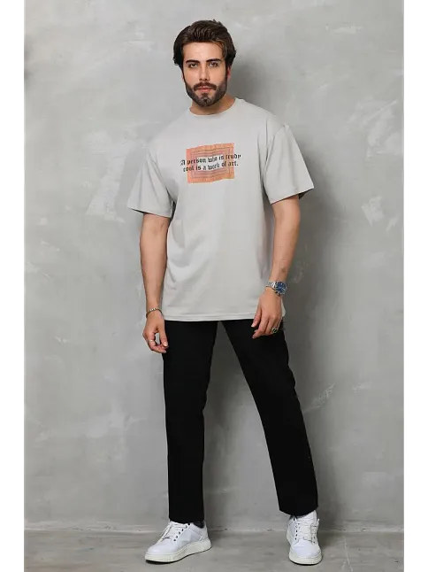 Erkek Baskılı T-shirt Kısa Kol Bisiklet Yaka Regular Fit Rahat Kalıp Tişört -  Gri