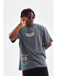 Erkek Tişort  Bisiklet Yaka Baskılı Oversize T-shirt - Gri