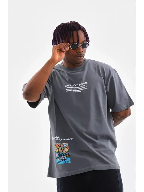 Erkek Tişort  Bisiklet Yaka Baskılı Oversize T-shirt - Gri